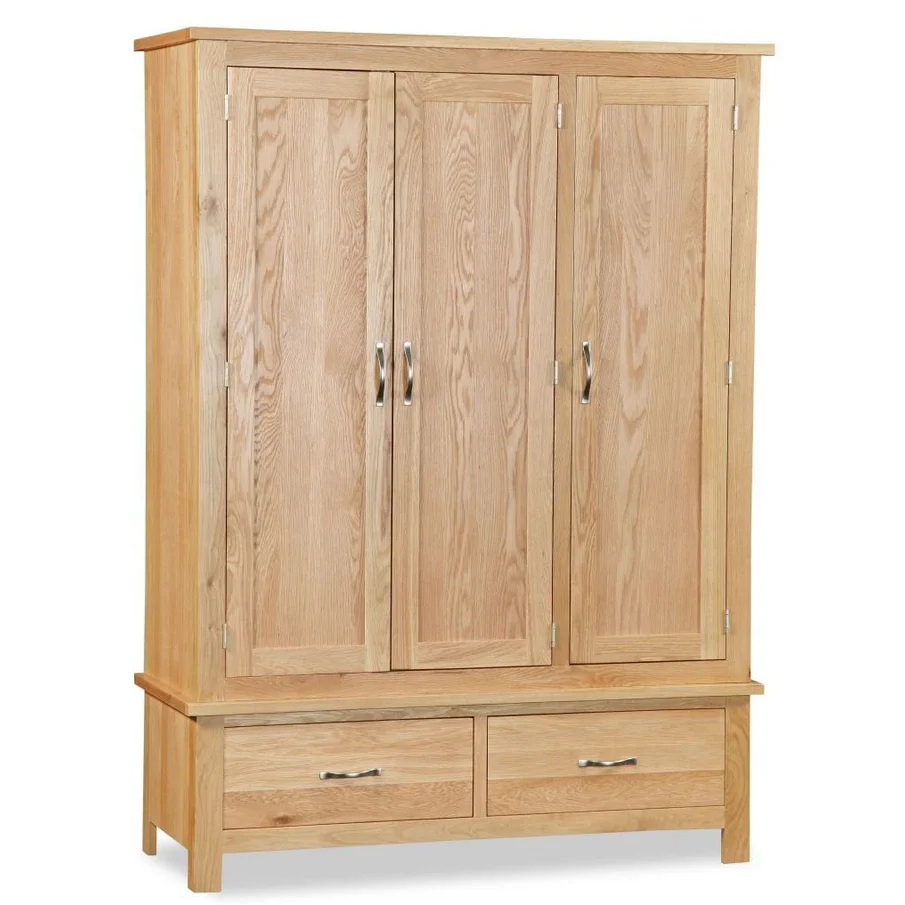Bevel Natural Solid Oak 3 Door 2 Drawer Triple Wardrobe