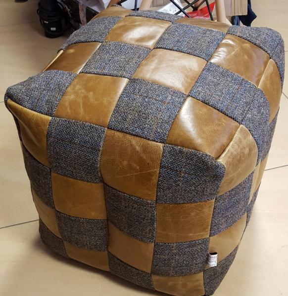 Harris Tweed & Brown Vintage Leather Patchwork Square Bean Bag