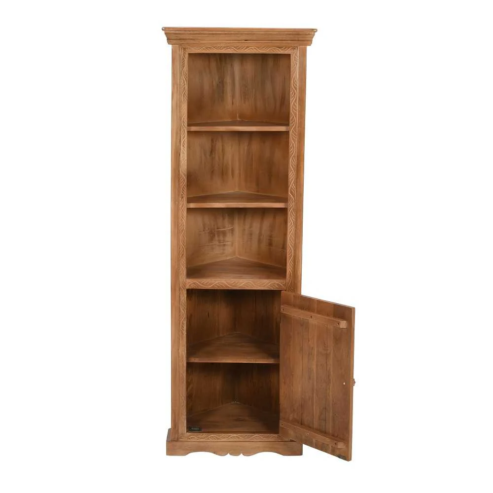 Carved Mango Wood Corner Bookcase With Cupboard