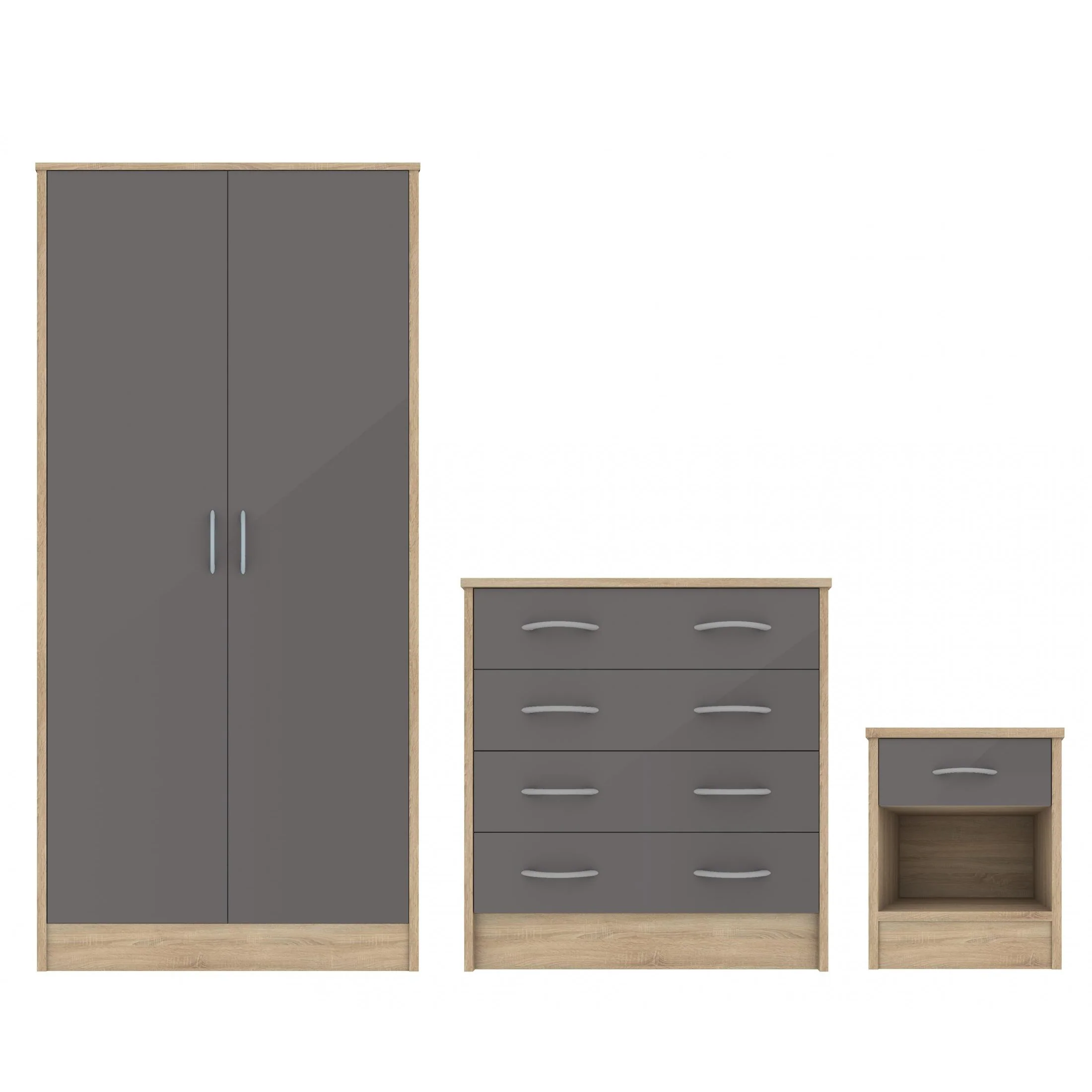 Grey Gloss & Oak - Wardrobe, Chest Drawers & Bedside - Bedroom Set