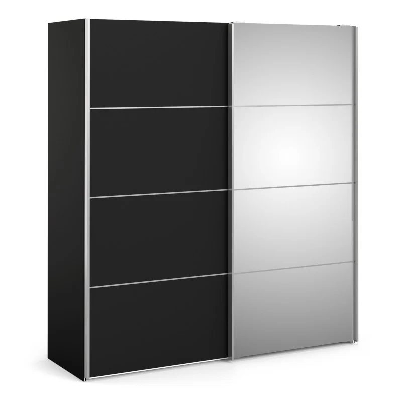 Verona Sliding Wardrobe 180cm in Black Matt with Black Matt & Mirror Doors & 2 Shelves