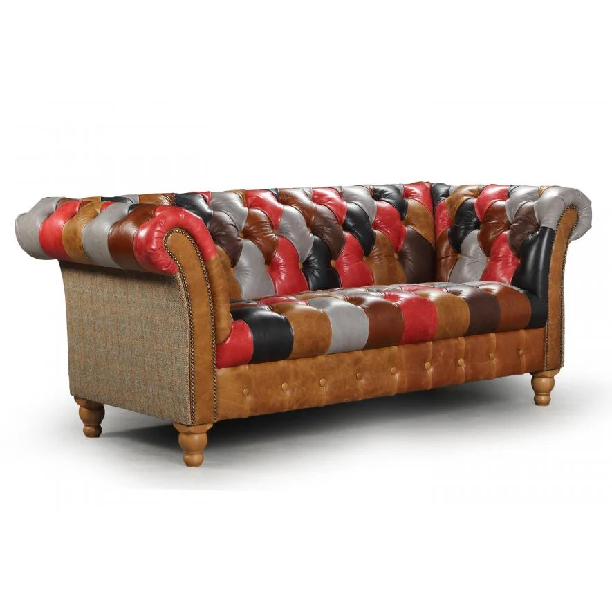 Alderley Vintage Leather & Harris Tweed Patchwork Chesterfield Sofa