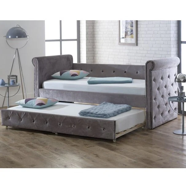 Silver Velvet Fabric Day Bed With Trundle