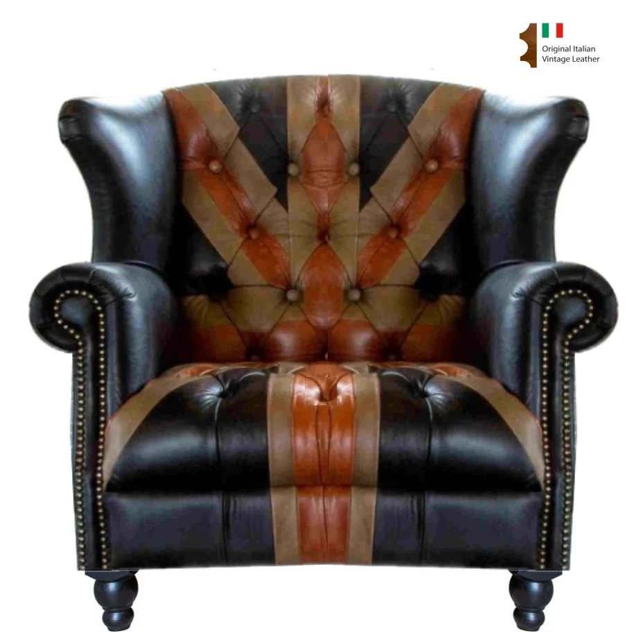 Union Jack Vintage Leather Buttoned Chesterfield Armchair