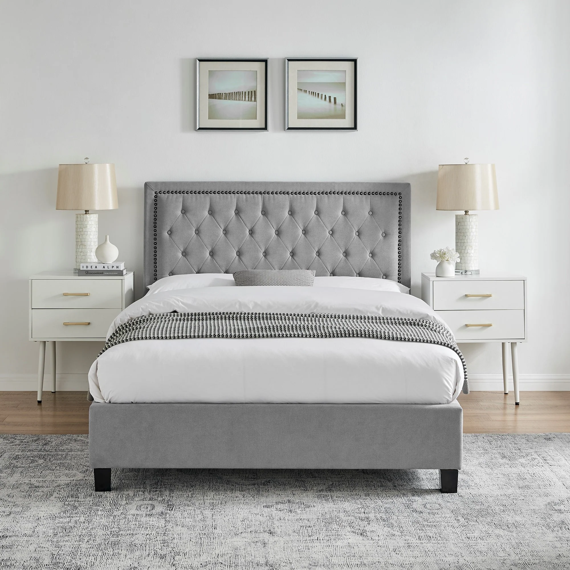 Grove Buttoned 4'6 Double Bed - Light Grey
