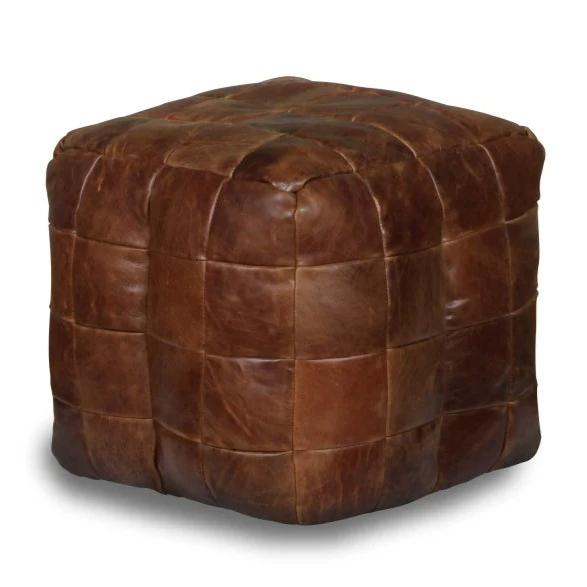 Vintage Brown Leather Patchwork Square Cube Bean Bag