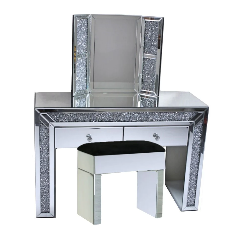 Crushed Diamond & Mirrored 2 Drawer Dressing Table, Stool & Mirror Set