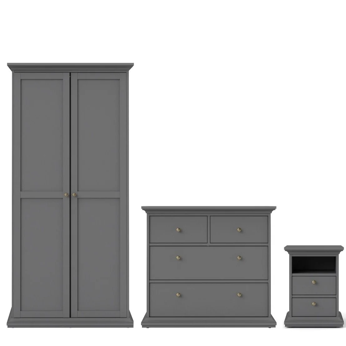 Parisian Package - Bedside 2 Drawers + Chest of 4 Drawers + 2 Door Wardrobe - Matt Grey