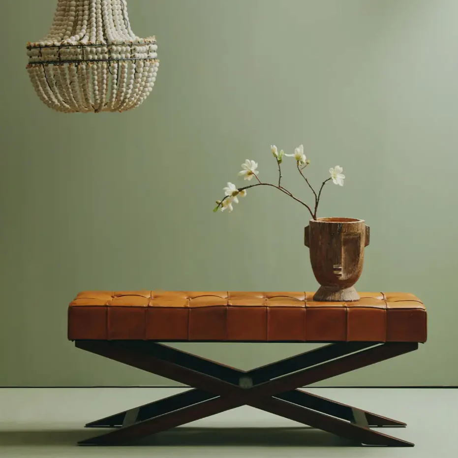 Ivy Genuine Leather Button Tufted Cross Base Bench Seat - 121cm