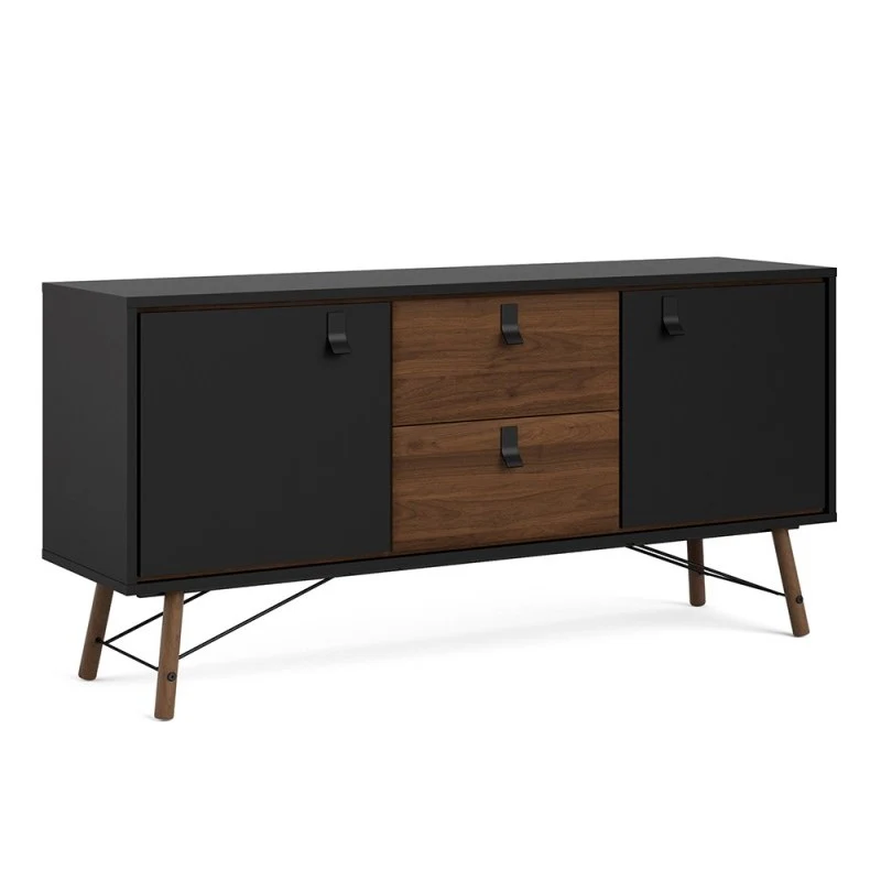 Rena 2 Door 2 Drawer Wide Sideboard - Matt Black & Walnut