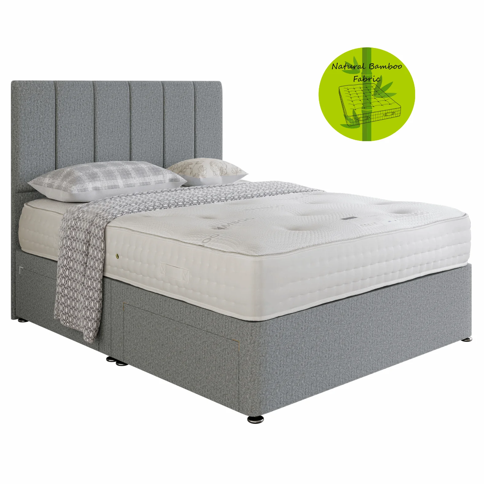 Bamboo Tencel 3000 Pocket Divan Bed Set - Grey Tweed - Base + Headboard + Mattress - Choice Of Sizes