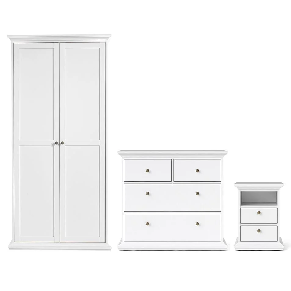 Parisian Package - Bedside 2 Drawers + Chest of 4 Drawers + 2 Door Wardrobe - White