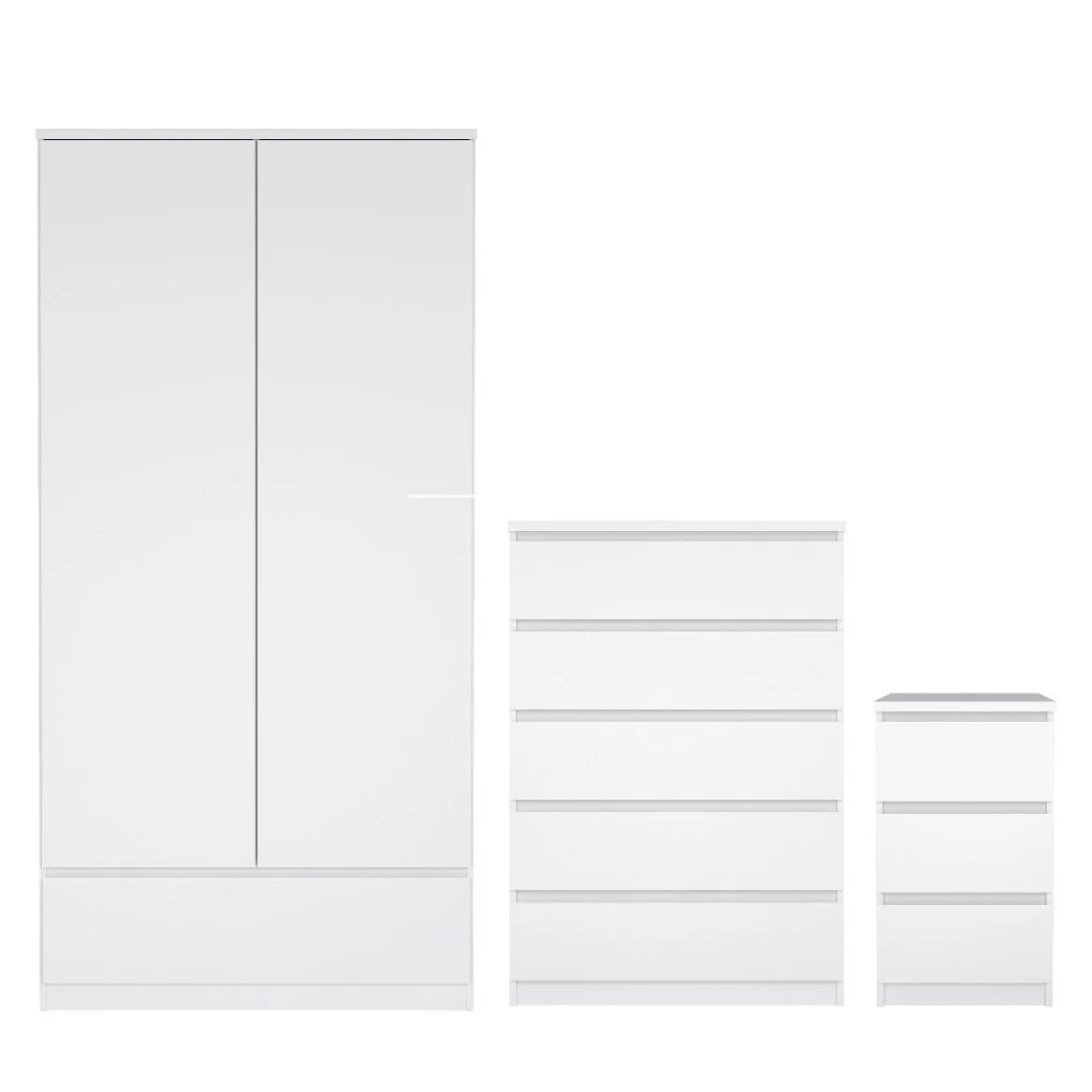 Naia Package - White High Gloss + 3 Drawer Bedside + Chest of 5 Drawers + 2 door 1 drawer Wardrobe