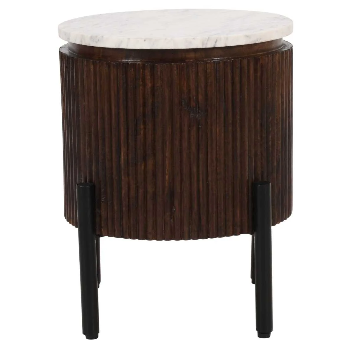 Opal Fluted Mango Wood & Marble Top Round Side Table - 35cm