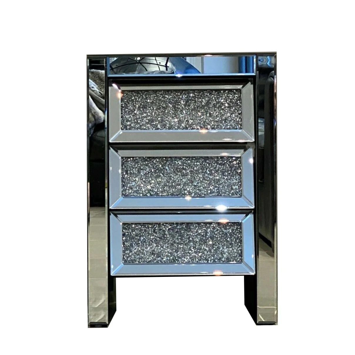 Crushed Diamond Mirrored 3 Drawer Bedside Table