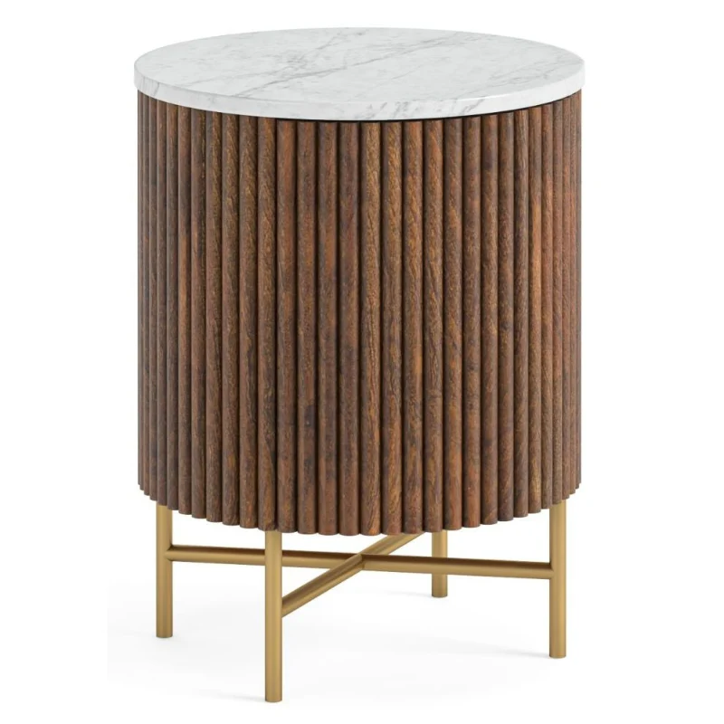 Milo Walnut Fluted Wood and Marble Top Round Bedside Table with 1 Door, Made of Mango Wood Ribbed and White Marble Top