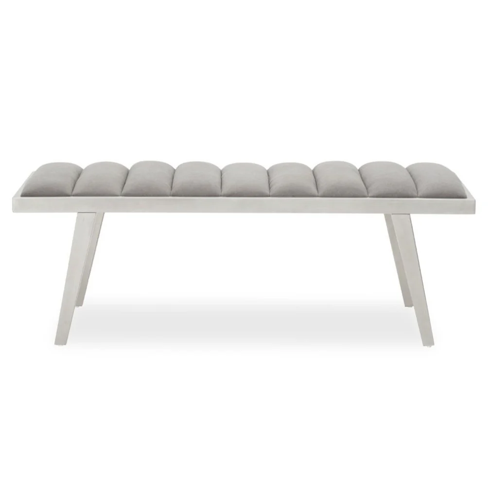 Gigi Grey Velvet & Brushed Silver Channel-Tufted Bench Seat