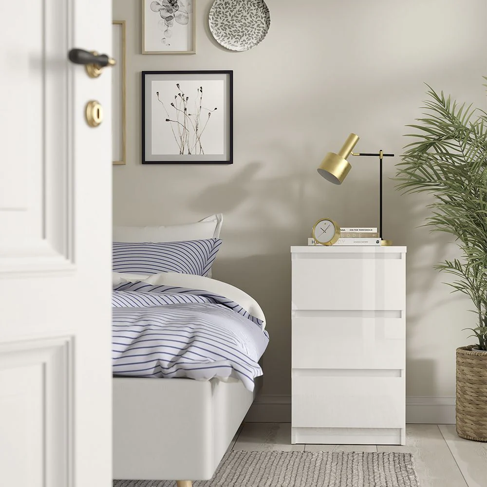 Naia Package - White High Gloss + 3 Drawer Bedside + Chest of 5 Drawers + 2 door 1 drawer Wardrobe