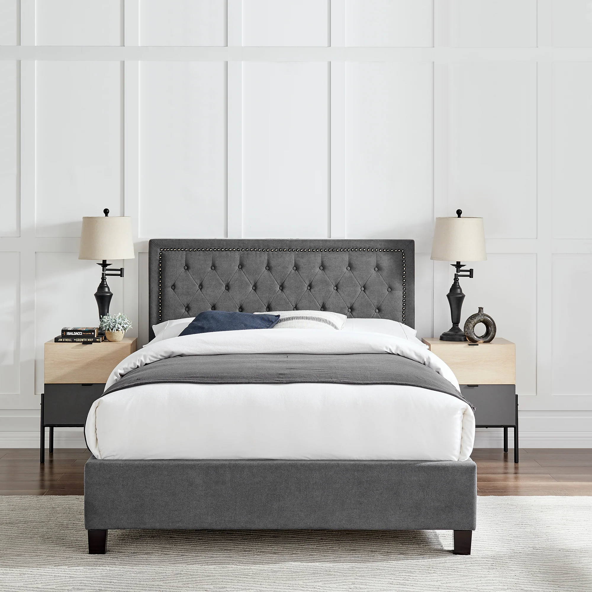Grove Buttoned 4'6 Double Bed - Dark Grey