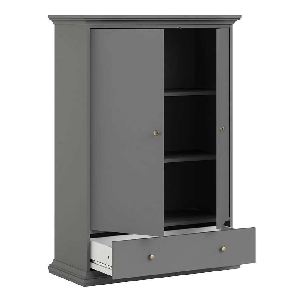 Parisian 2 Door 1 Drawer & 2 Shelves Wardrobe in Matt Grey