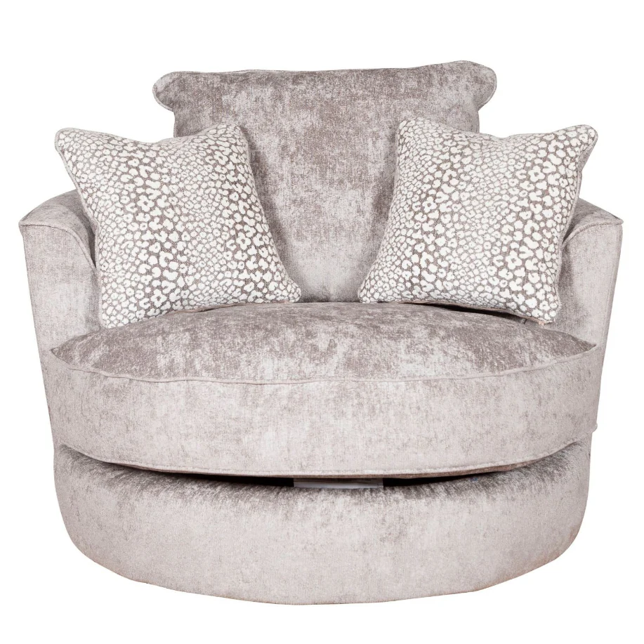 Coco Truffle Fabric Swivel Chair - Valencia Spot Natural Scatter Cushions