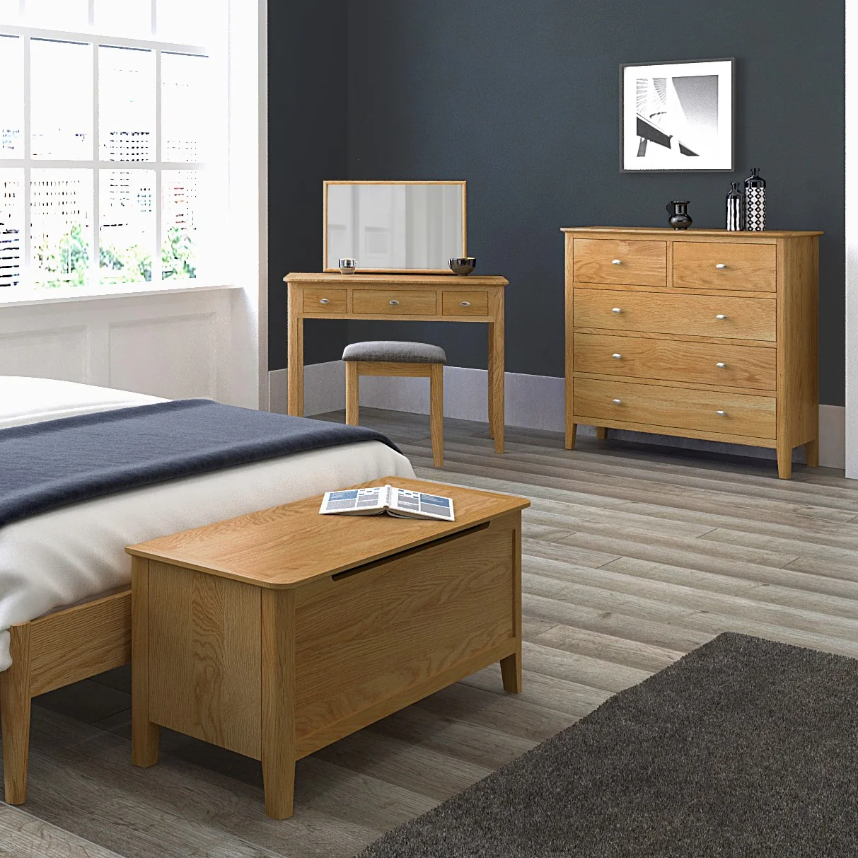 Bath Oak Dressing Table Set with Stool & Mirror