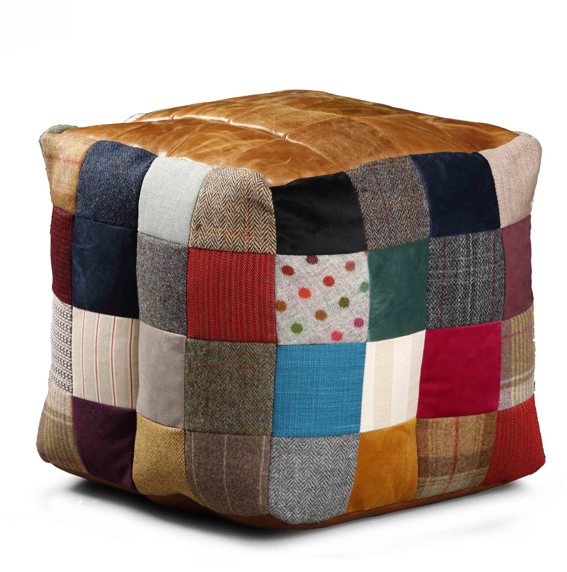 Leather Top, Mixed Wool & Tweed Bottom & Sides Bean Bag Cube