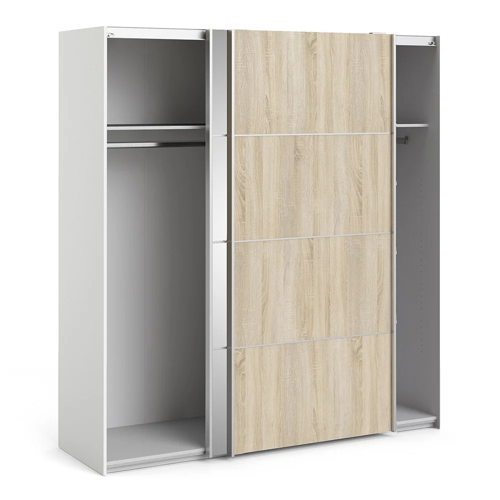 Verona Sliding Wardrobe 180cm in White with Oak and Mirror Doors & 2 Shelves