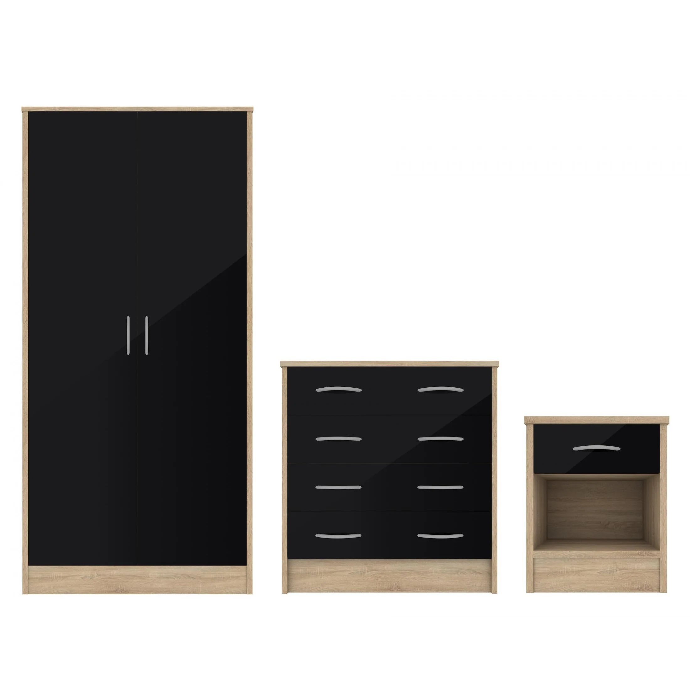 Black Gloss & Oak - Wardrobe, Chest Drawers & Bedside - Bedroom Set