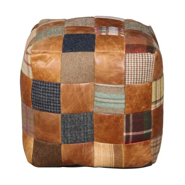 Brown Vintage Leather, Harris Tweed & Moon Wool Patchwork Square Bean Bag