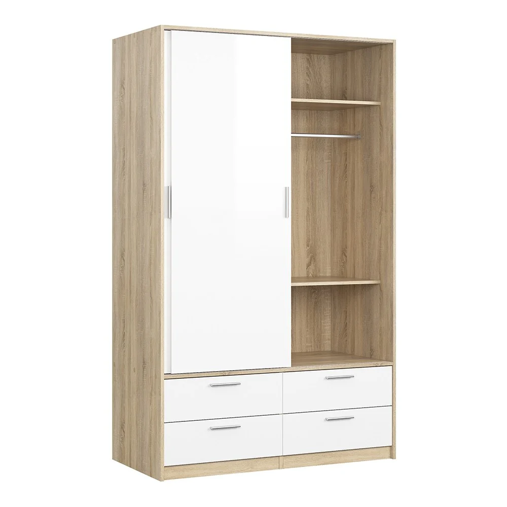 Line Wardrobe - 2 Doors 4 Drawers - Oak & White High Gloss