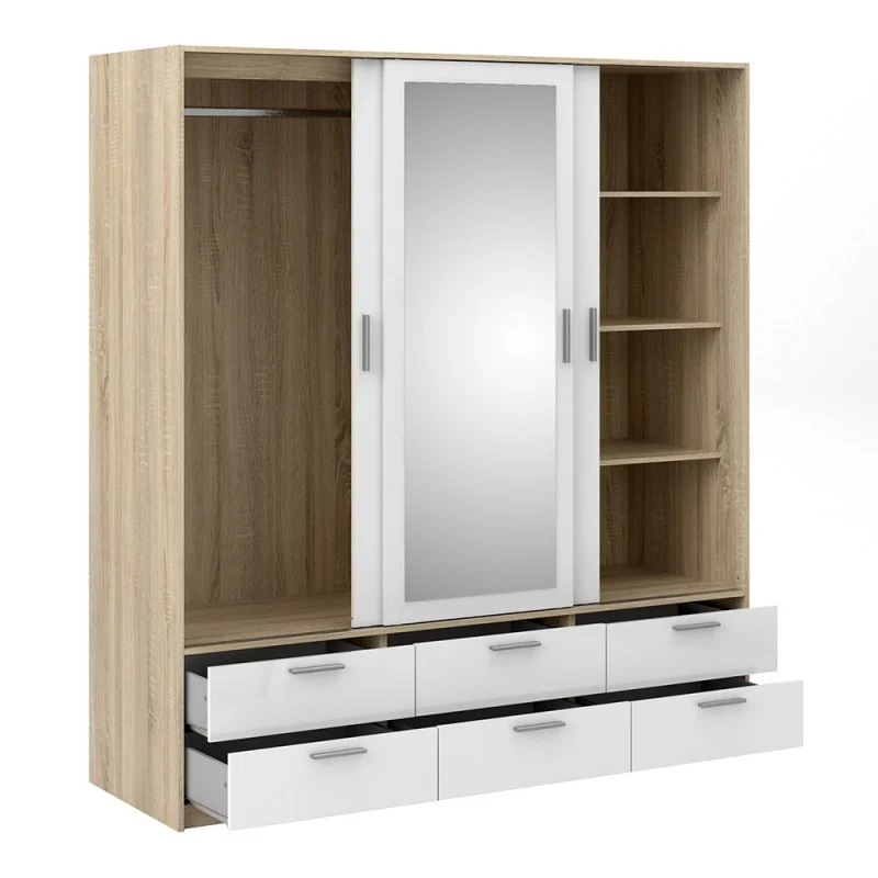 Line Wardrobe - 3 Doors 6 Drawers - Oak & White High Gloss