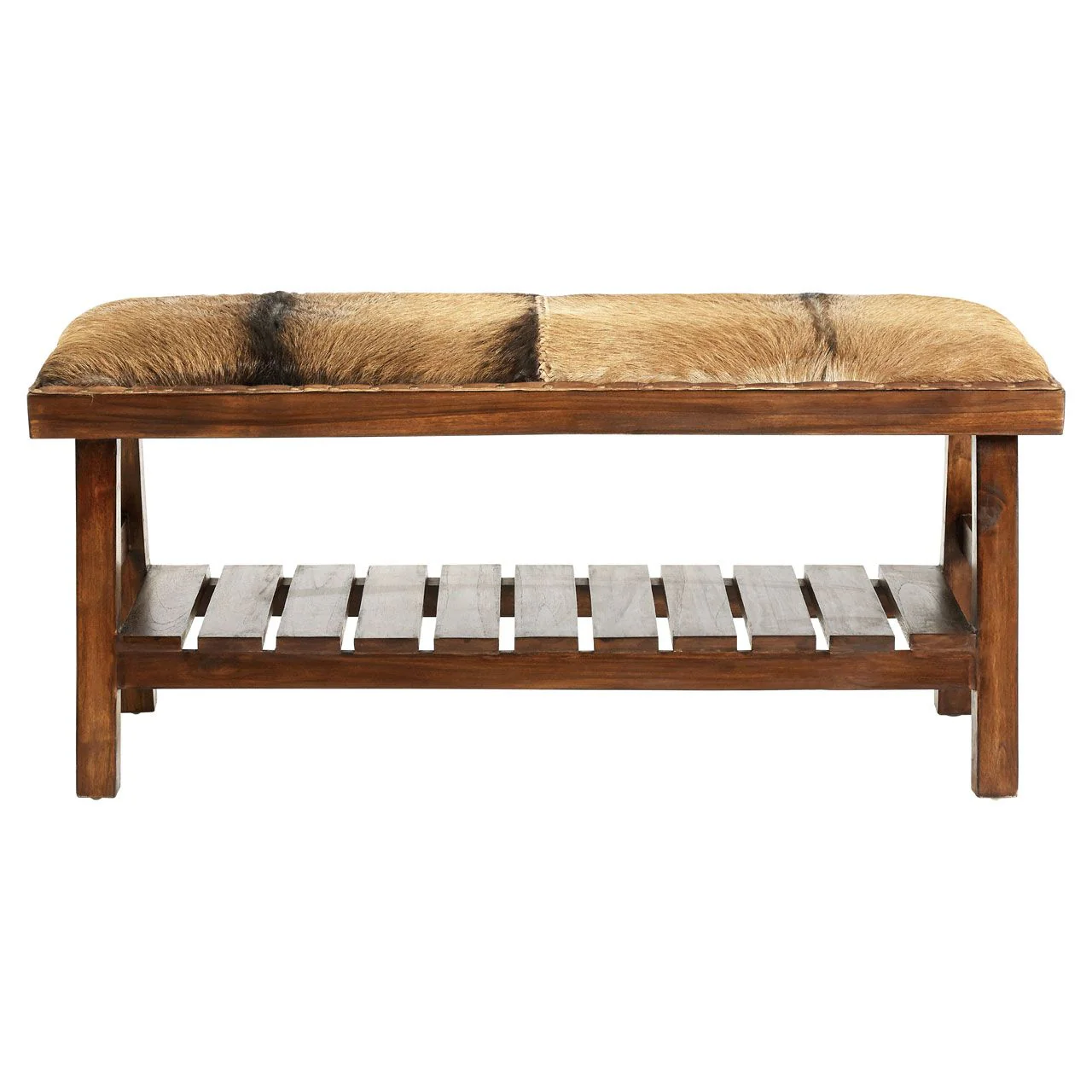 Goathide & Teak Wood Leather Bench Seat
