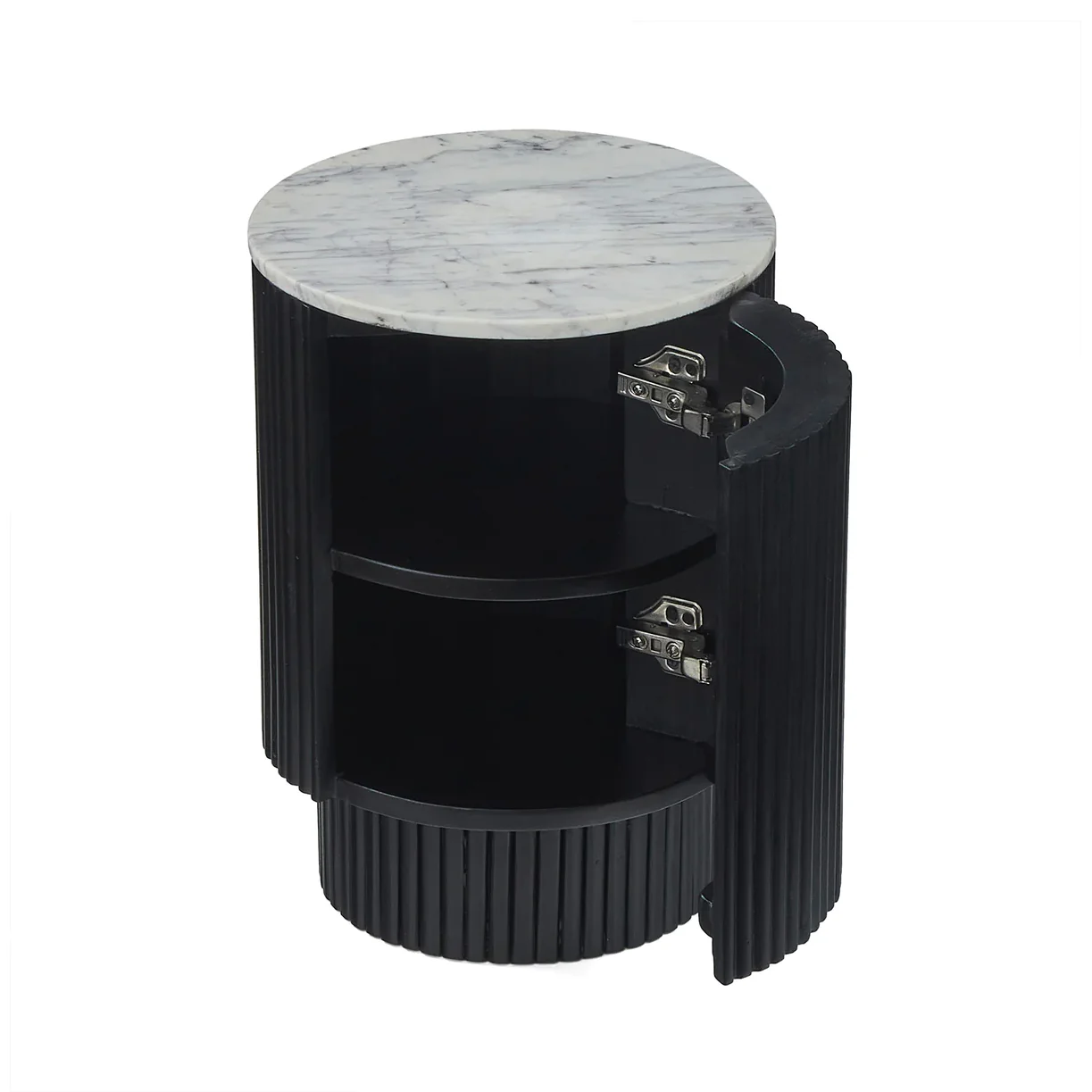 Miles Charcoal Fluted Mango & White Marble Round Side Table with 1 Door