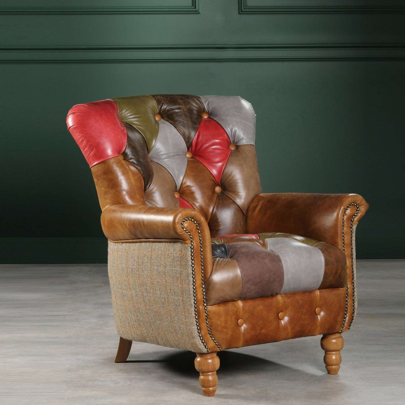 Alderley Vintage Leather & Harris Tweed Patchwork Chesterfield Chair