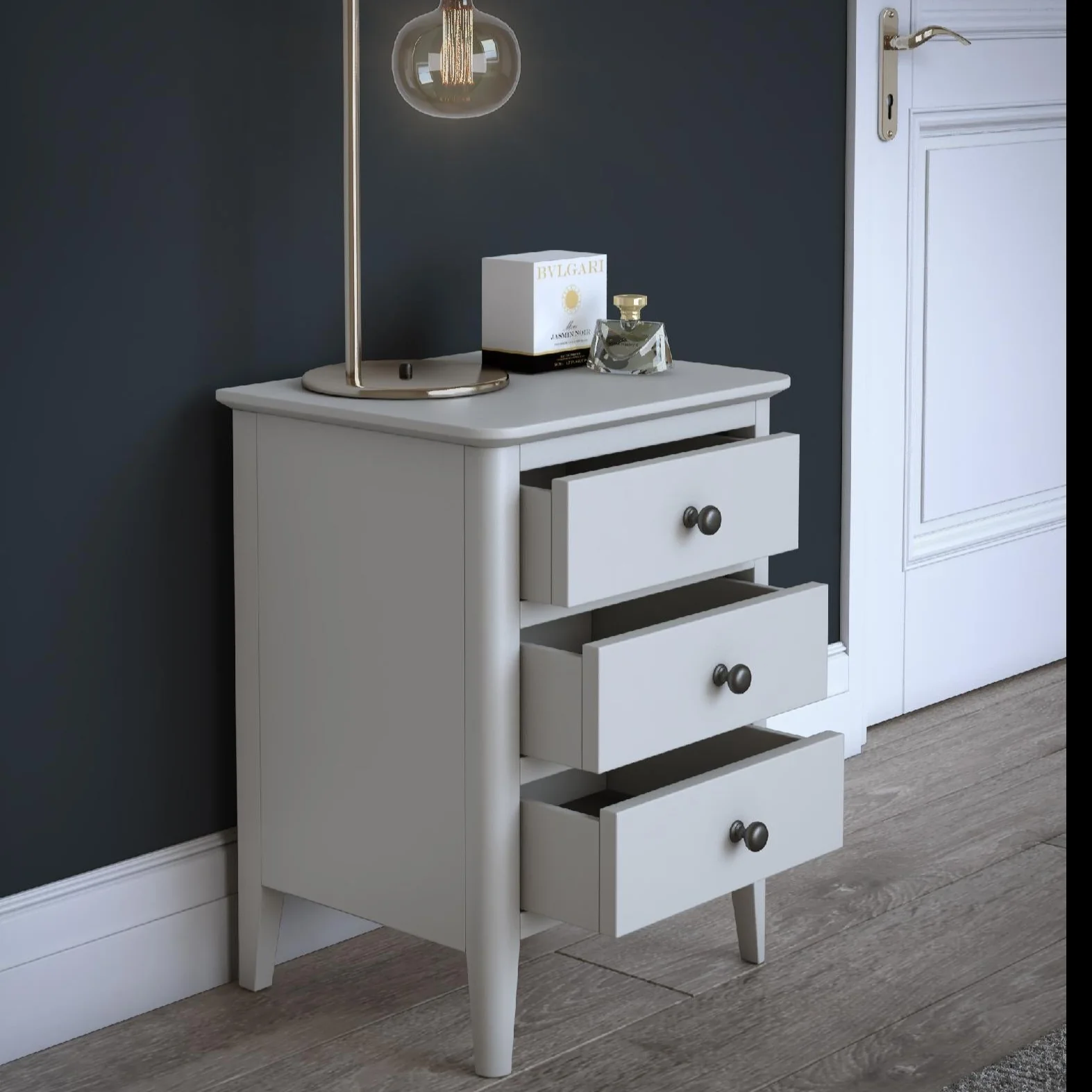 Stowe Silver Grey 3 Drawer Bedside Cabinet