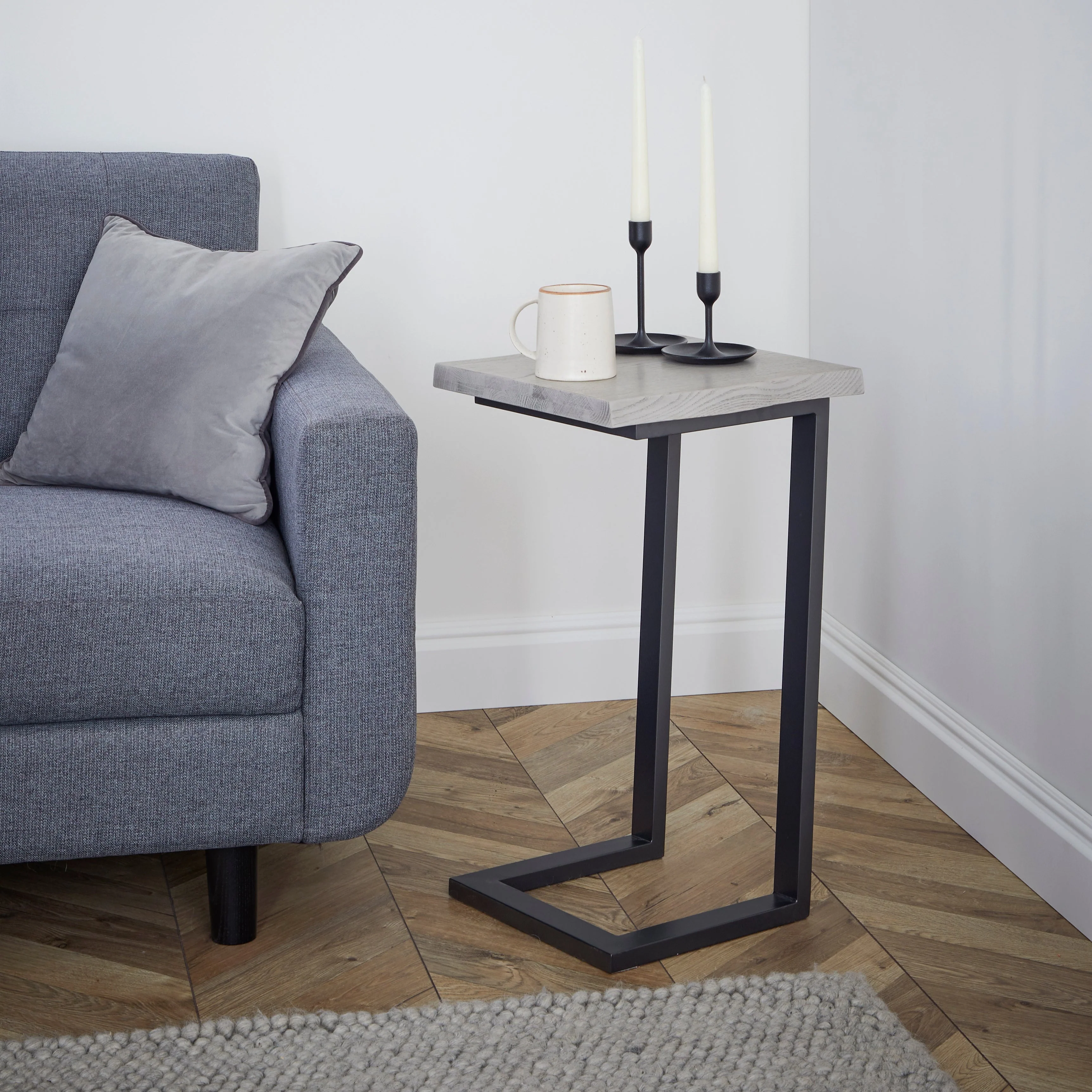 Dalston Grey Oak Side Table, Live Edge Top with Industrial Style Black Metal Legs