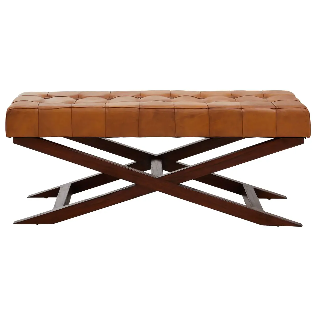 Ivy Genuine Leather Button Tufted Cross Base Bench Seat - 121cm