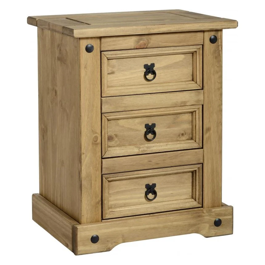 Corona 3 Drawer Bedside Cabinet Distressed Waxed Pine