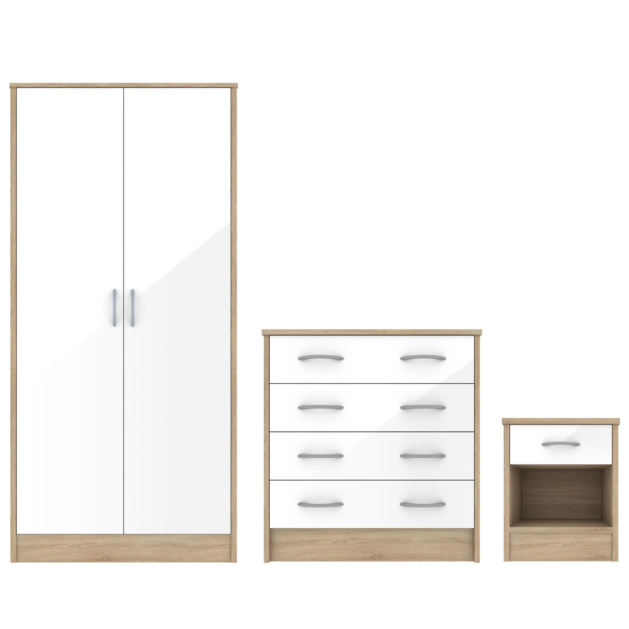 White Gloss & Oak - Wardrobe, Chest Drawers & Bedside - Bedroom Set