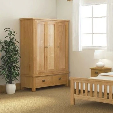 Sailsbury Solid Oak Triple Wardrobe 3 Doors & 2 Bottom Storage Drawers