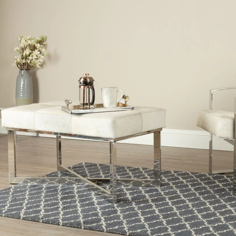 Townhouse Genuine White Leather & Stainless Steel Base Bench