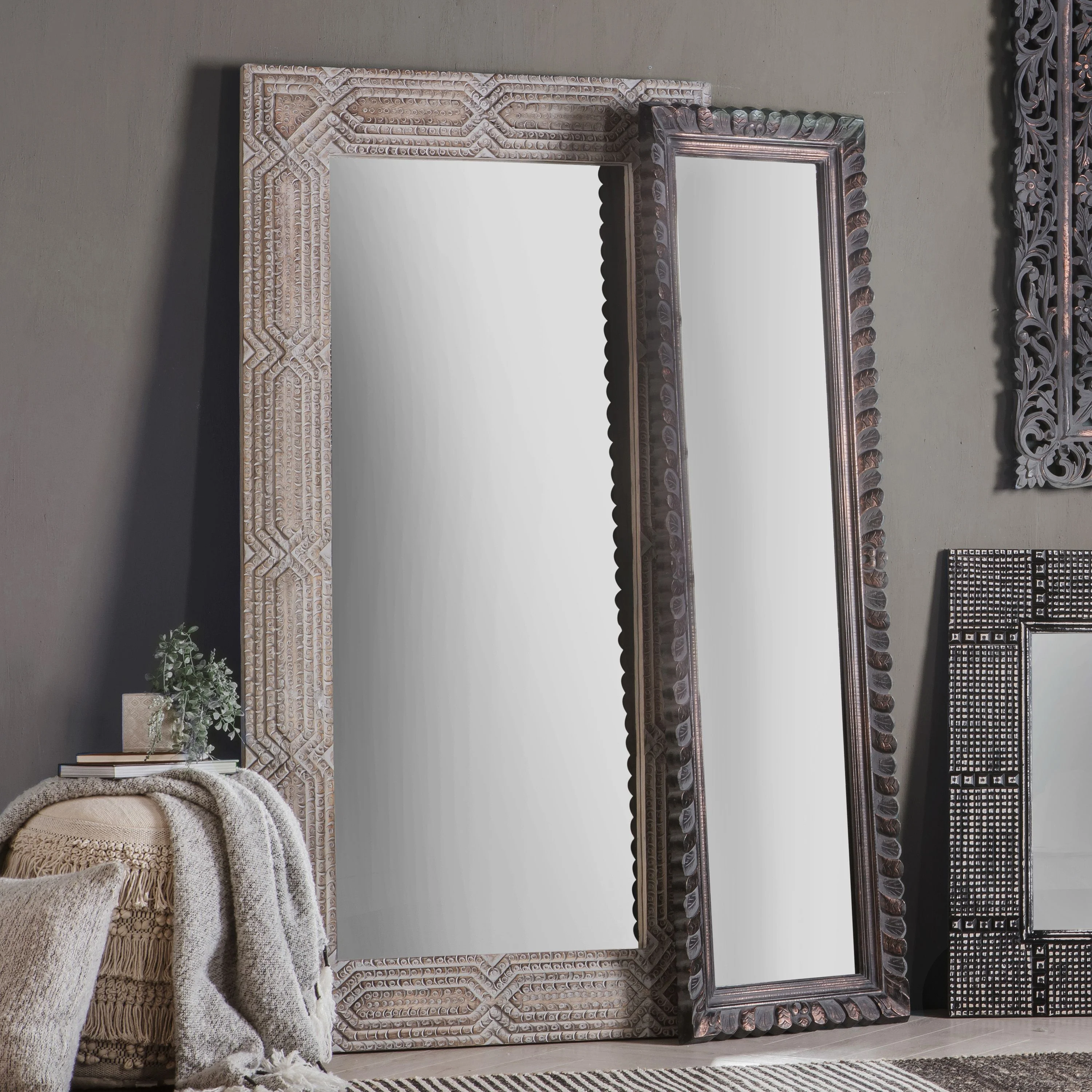 Delhi Natural-Whitewash Decorative Wooden Framed Leaner Mirror