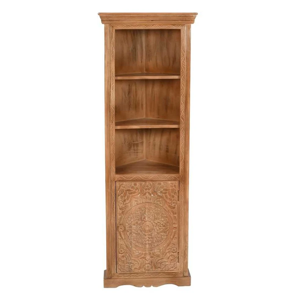 Carved Mango Wood Corner Bookcase With Cupboard