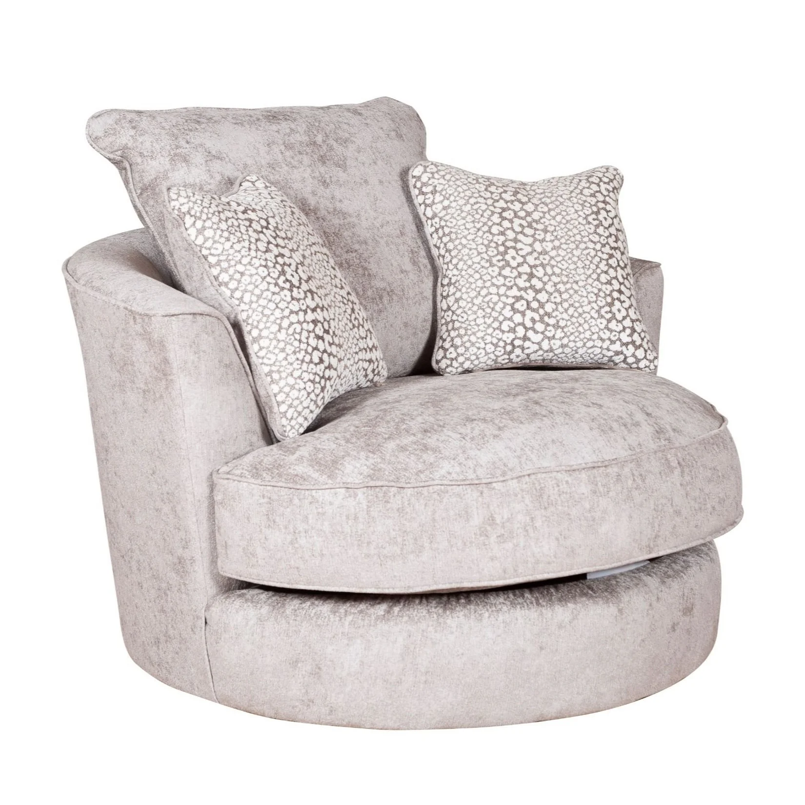 Coco Truffle Fabric Swivel Chair - Valencia Spot Natural Scatter Cushions