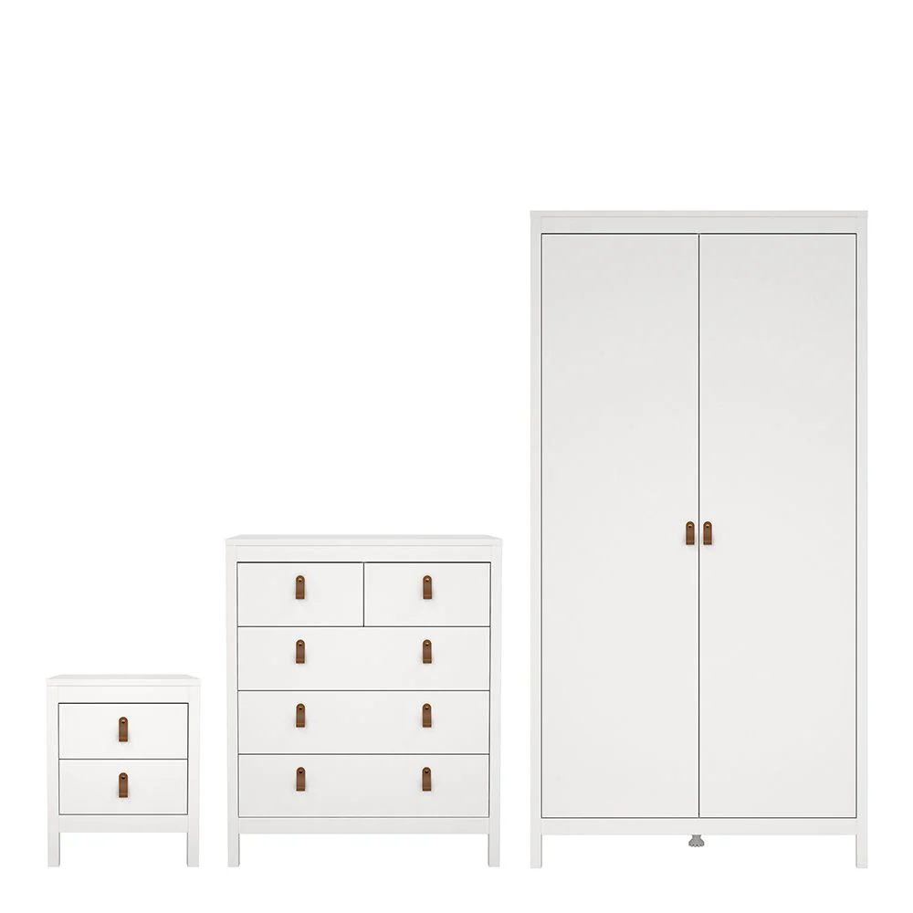 Barcelona - Bedside Table 2 drawers + 3+2 Drawer Chest + 2 Door Wardrobe - White