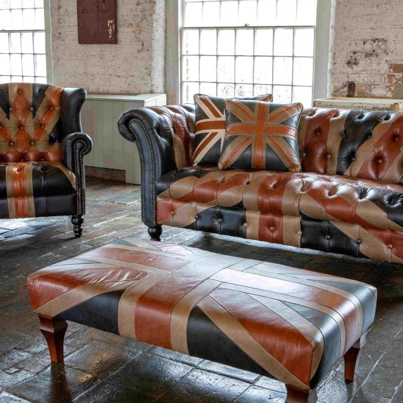 Union Jack Large Vintage Leather Footstool - 120cm