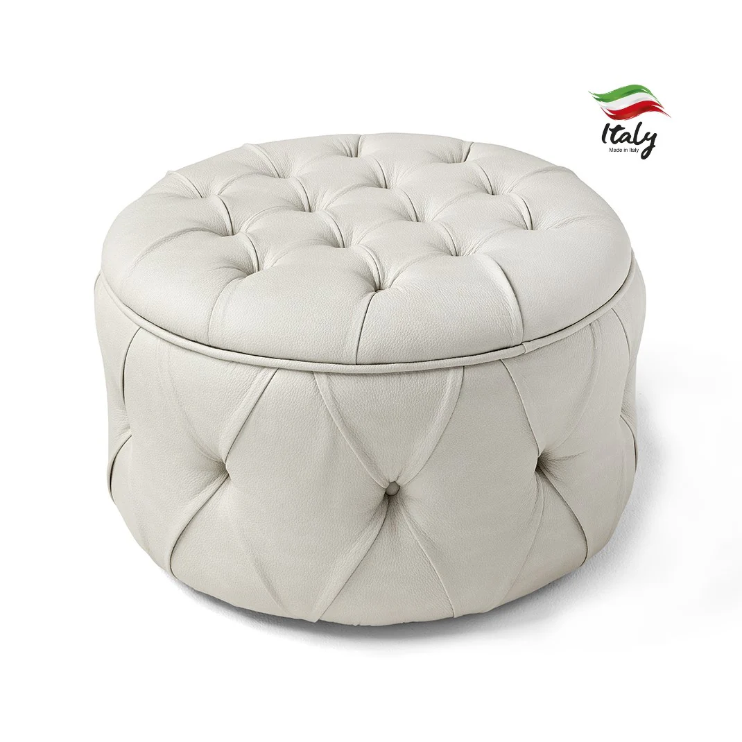 Margherita Round Button Tufted Italian Leather Ottoman - Choice Of Leathers