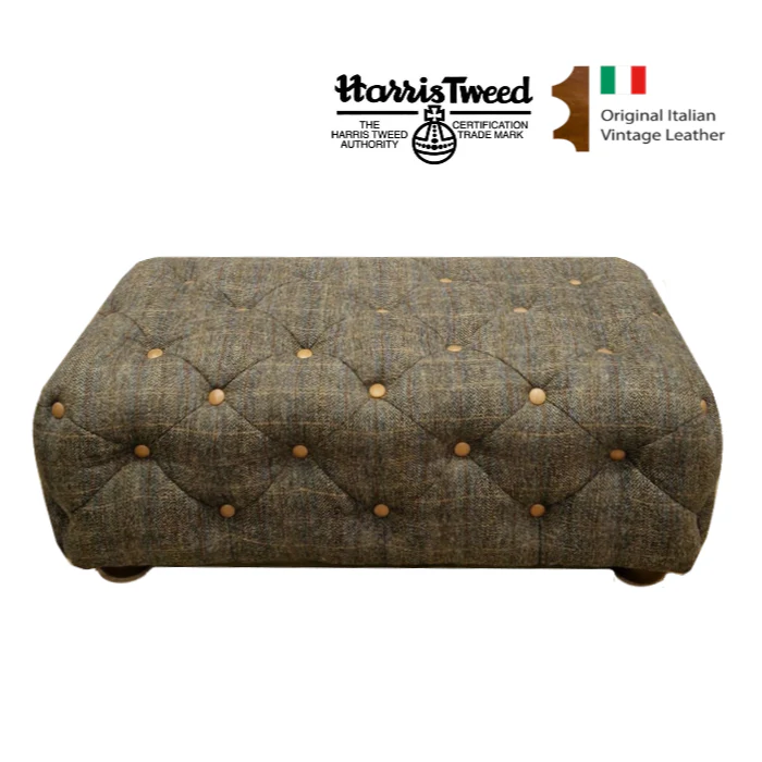 Harris Tweed & Vintage Leather Deep Buttoned Rectangle Footstool