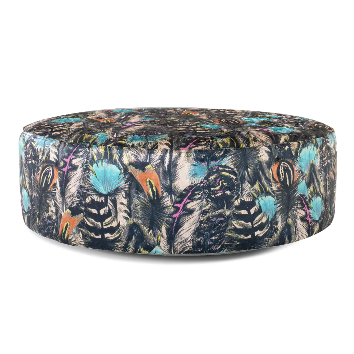 Feathers Jewel Fabric Large Round Accent Footstool